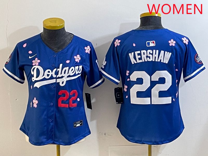 Women Los Angeles Dodgers #22 Kershaw Blue White Blue Sakura Edition 2025 Nike MLB Jersey style 3